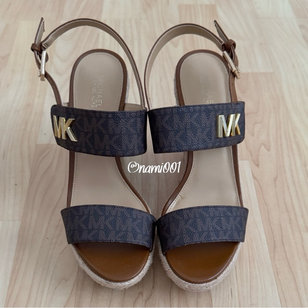 MICHAEL Michael Kors Brown Monogram Deanna Wedges Sandals with Logo Straps - Picture 3 of 9